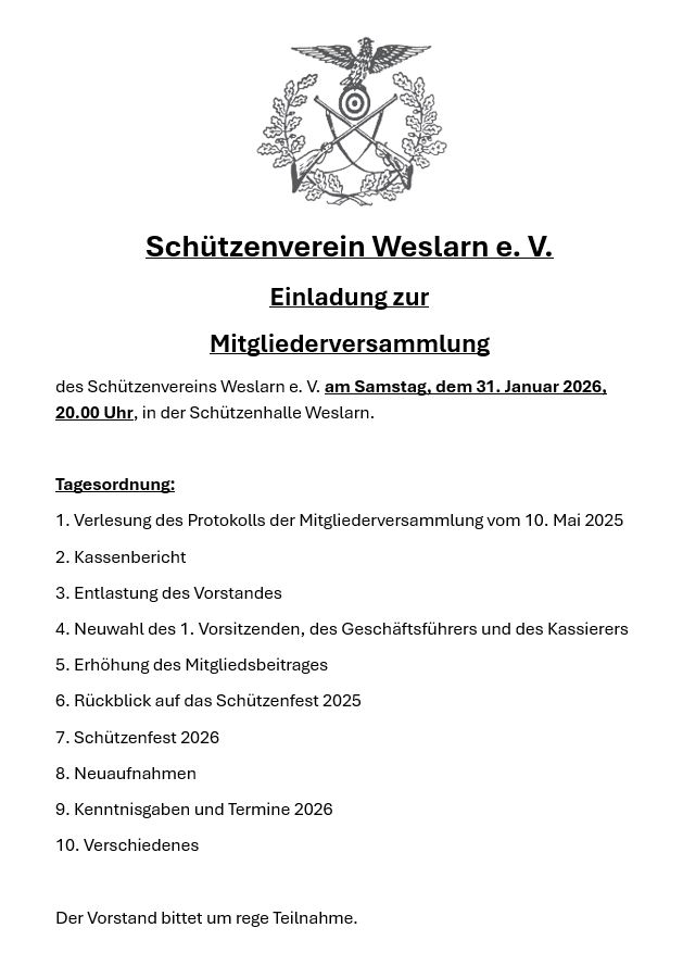 Einladung Schützenversammlung am 31.Januar2026